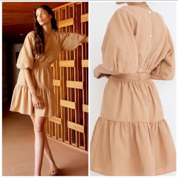 Madewell Seersucker Puff Sleeve Cutout Tiered Mini Dress XL Camel Tan NWT - Picture 10 of 10
